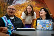 Taylor Fairbanks (middle), one of the Native American Undergraduate Museum Fellows (NAUMF) and August Mentch (right), the program support intern, laug