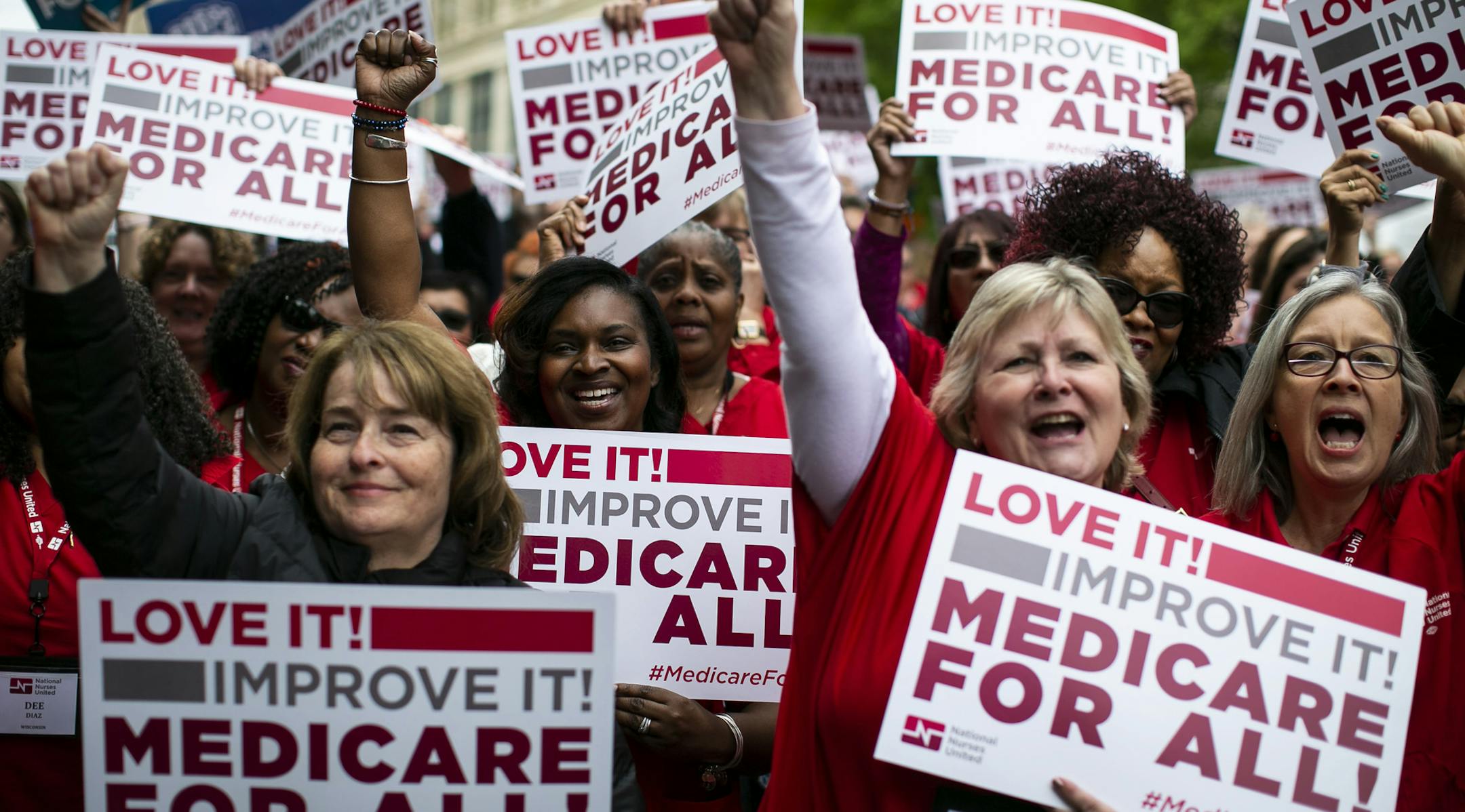 Supporters of National Nurses United during a rally for “Medicare for All,” outside of the Pharmaceutical Research and Manufacturers of America headquarters in Washington, April 29, 2019. (Al Drago/The New York Times)