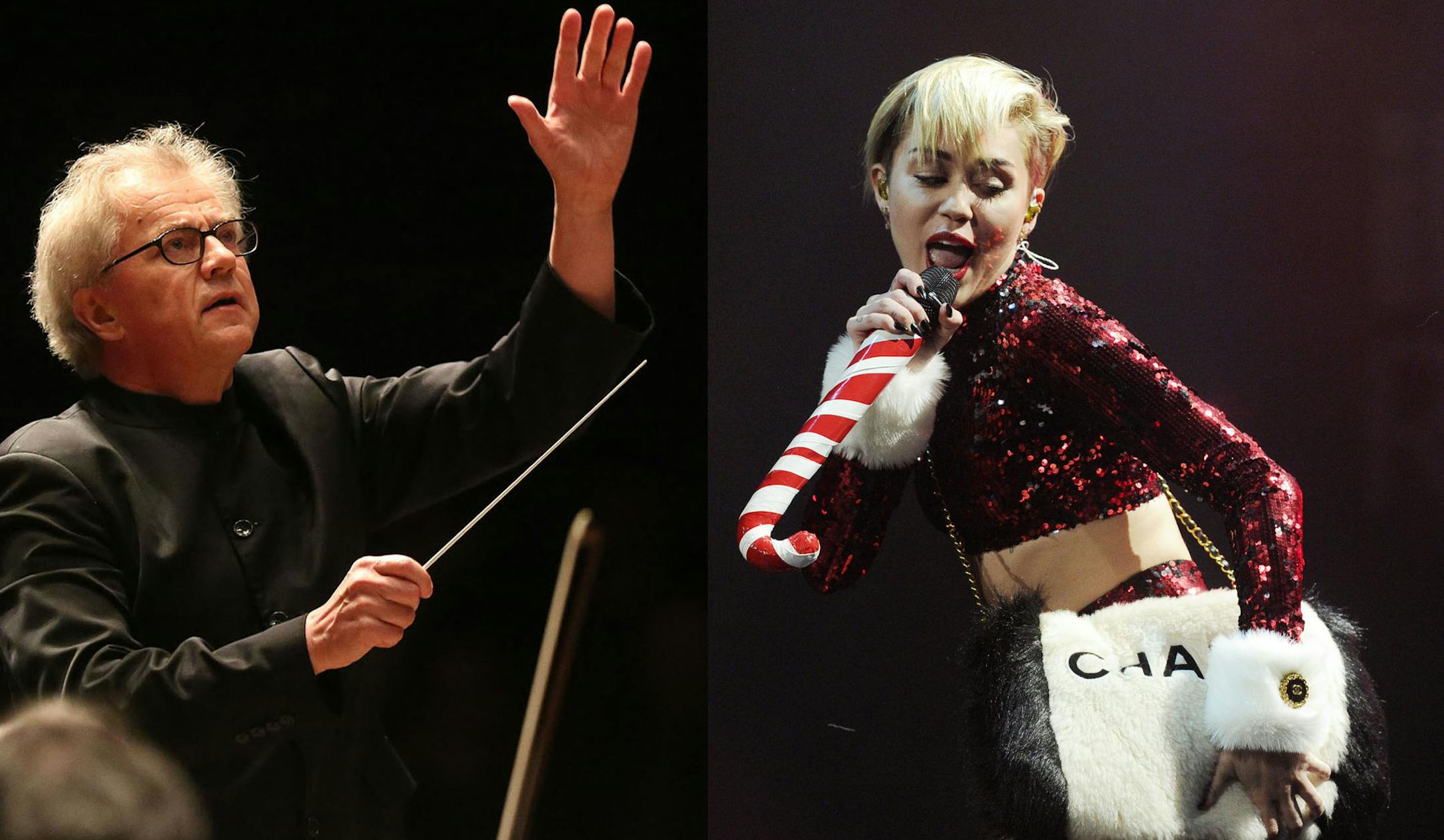 KYNDELL HARKNESS/STAR TRIBUNE/Chris Pizzello/Invision/AP Conductor Osmo Vanska and Miley Cyrus. ORG XMIT: MIN1310042033261186