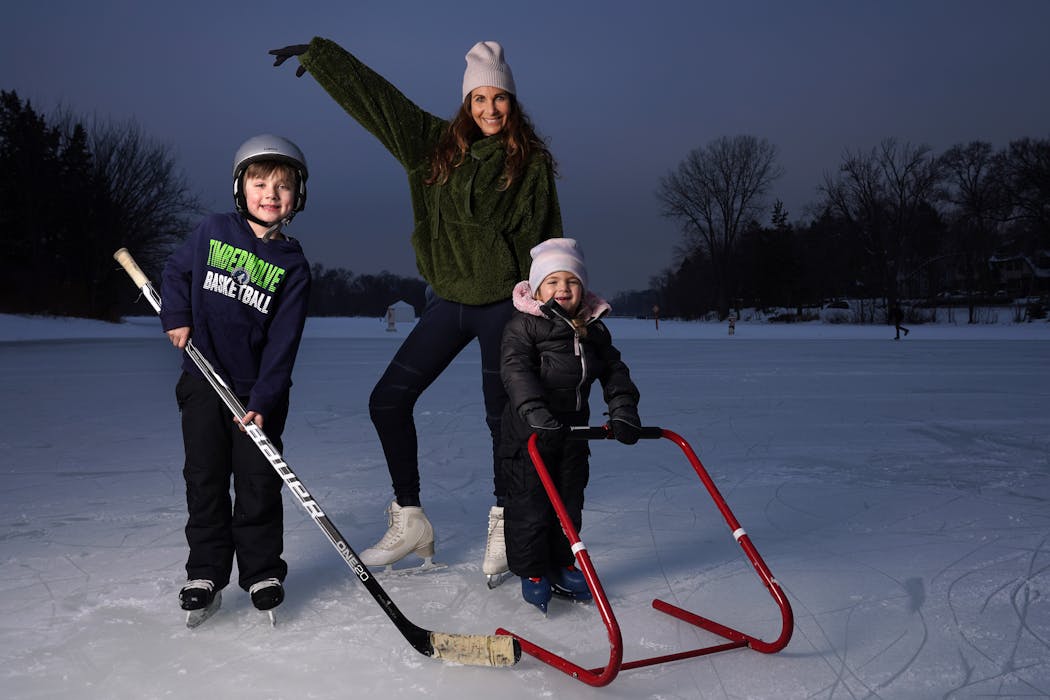 Leslie Fhima skated with her grandchildren Jackson Chazin, 6, and Sofia Chazin, 3, on Lake of the Isles in 2020.