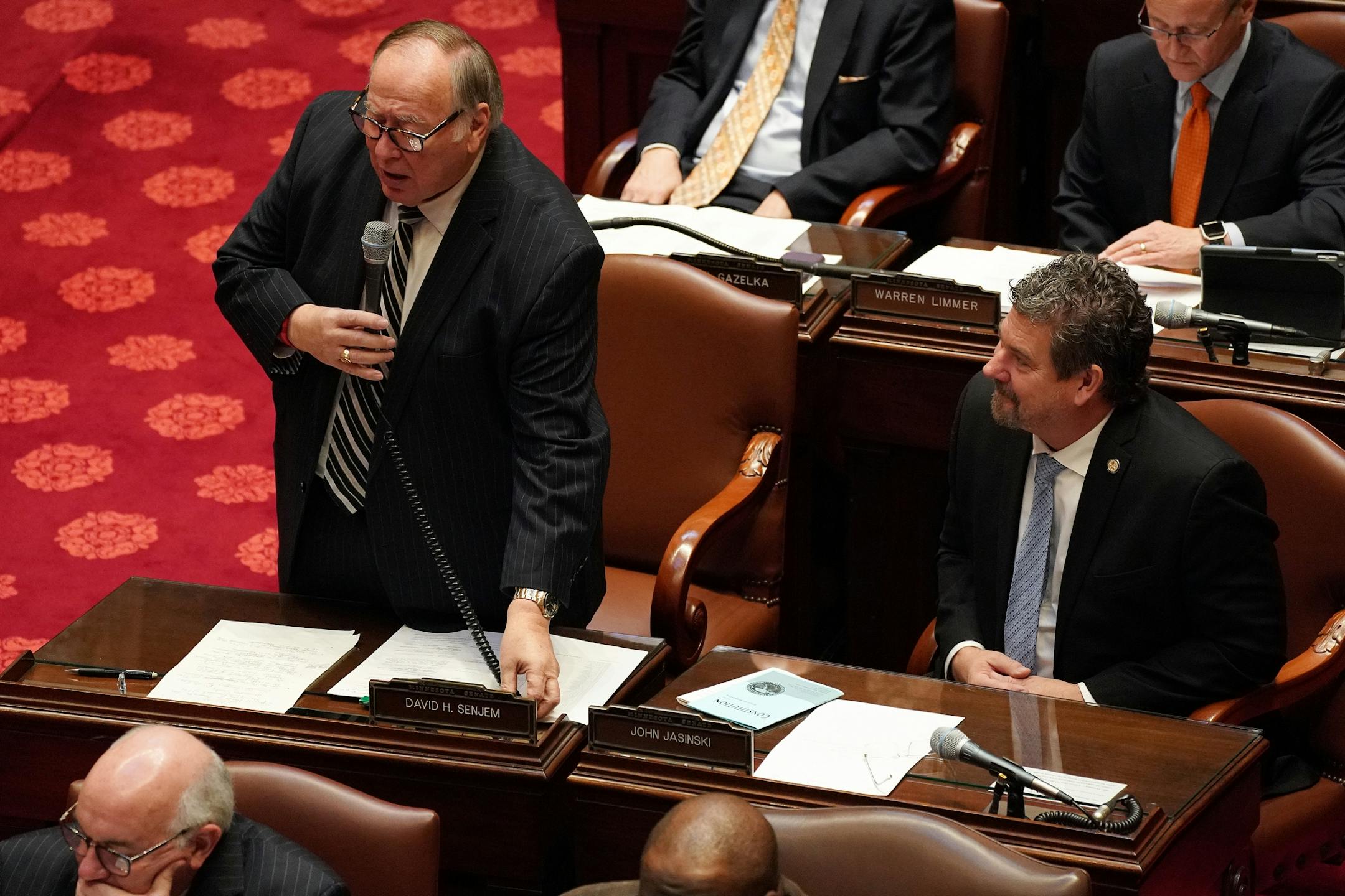 Sen. David Senjem (R-Rochester), spoke about his friend former State Rep. Tom Rukavina, who died earlier in the week of complications from leukemia, in the Senate Chamber on the first day of the legislative session.