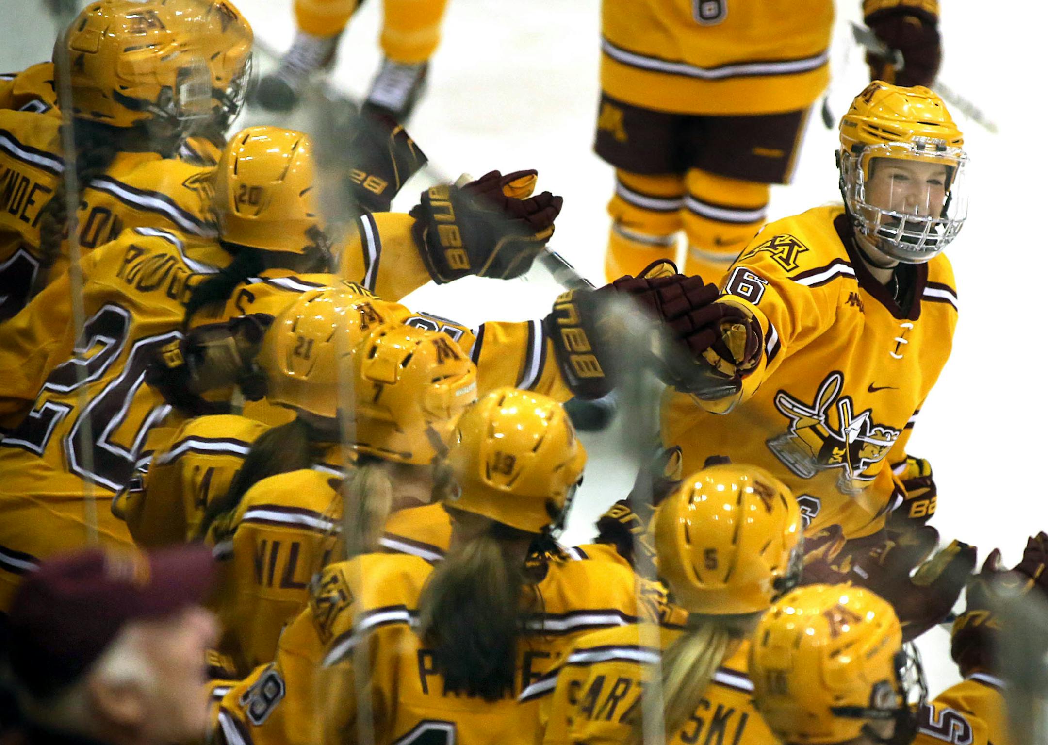 The Gophers' Sarah Potomak celebrated a second-period goal with teammates against Princeton in the NCAA women's hockey tournament quarterfinals last March.