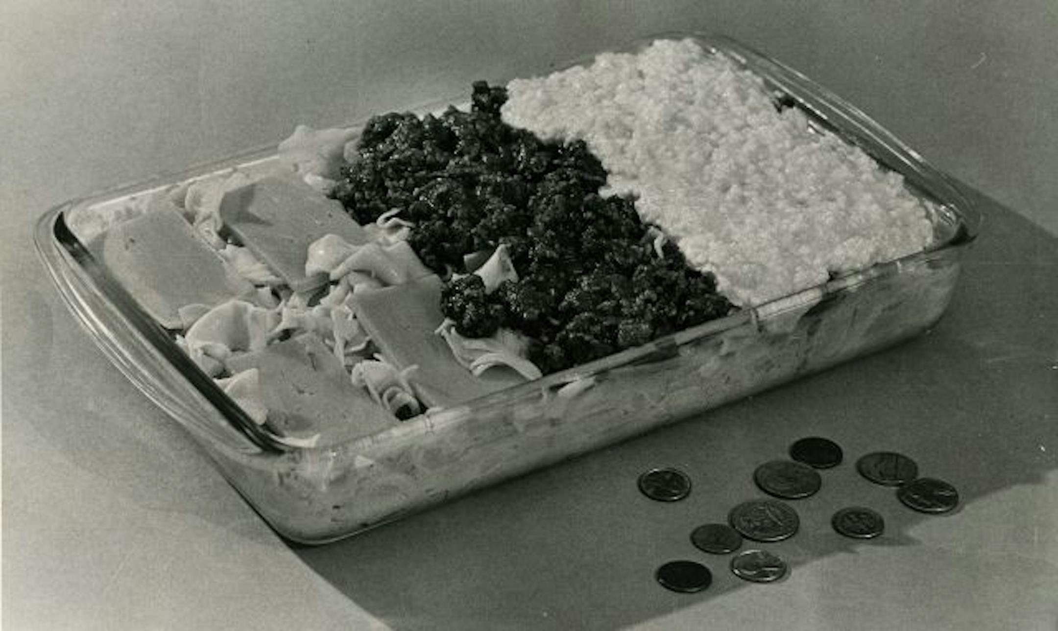 Early food styling left something to be desired, too, as with this Frosted Spaghetti Hot Dish from 1974, a low-budget recipe (see the coins?).