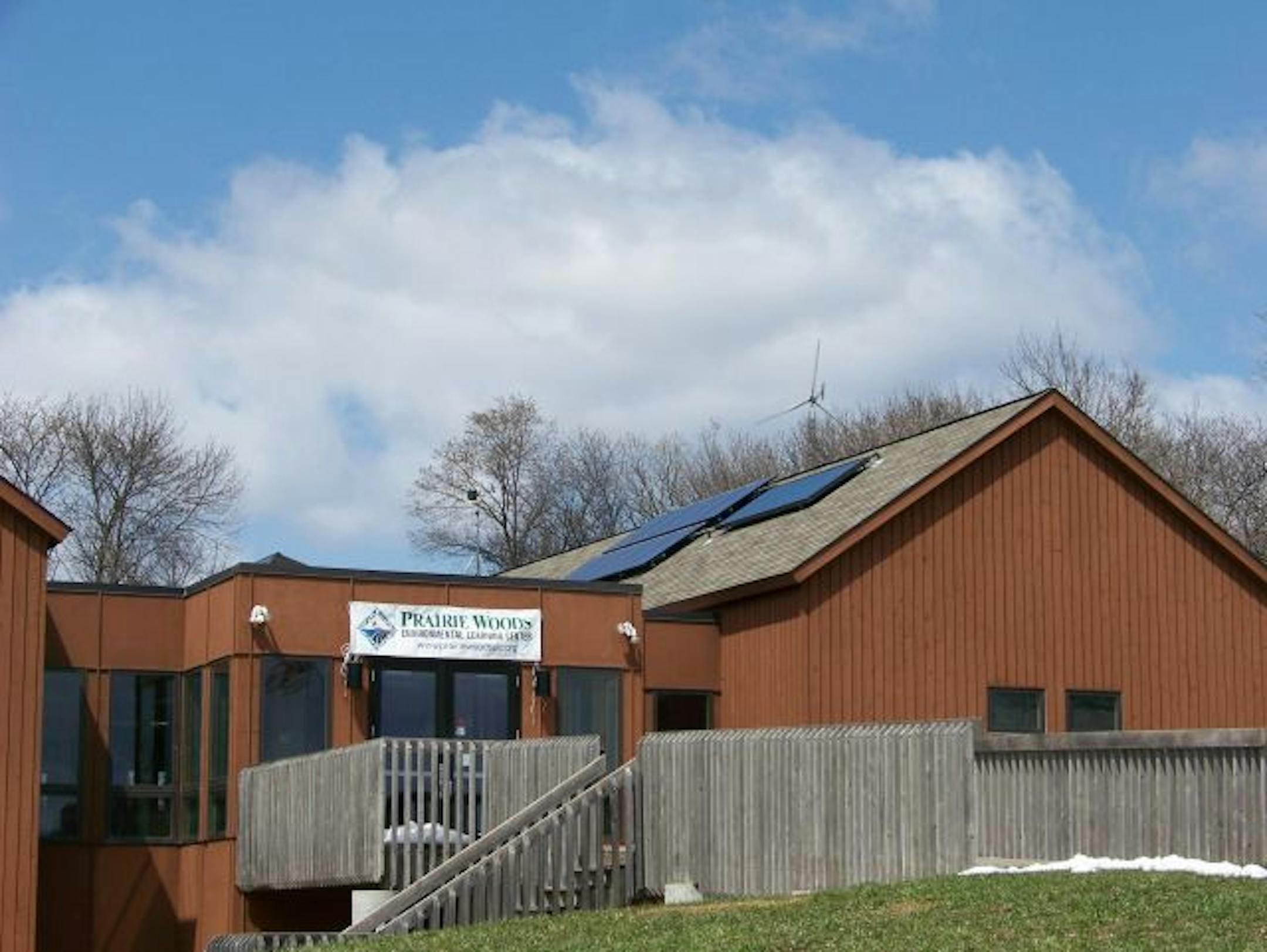 Prairie Woods Environmental Learning Center now uses solar panels and a wind generator and burns biomass. It's a showplace for renewable energy on a home or small-business scale.