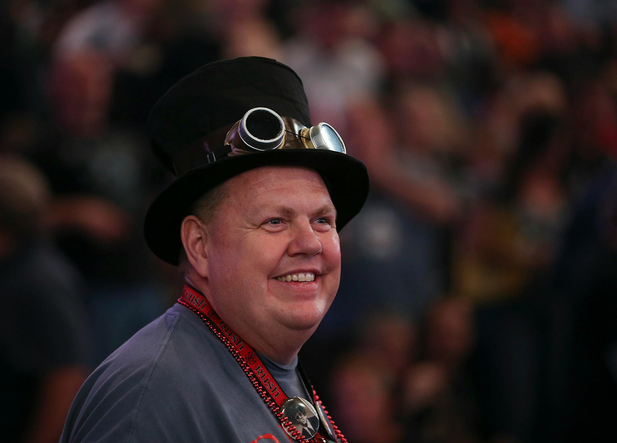 Rush's stage set had a steampunk vibe to it and this fan's headgear fit it perfectly Tuesday night. ] JEFF WHEELER ï jeff.wheeler@startribune.com Canadian rock gods Rush performed at Xcel Energy Center in St. Paul, Tuesday night, May 12, 2015.