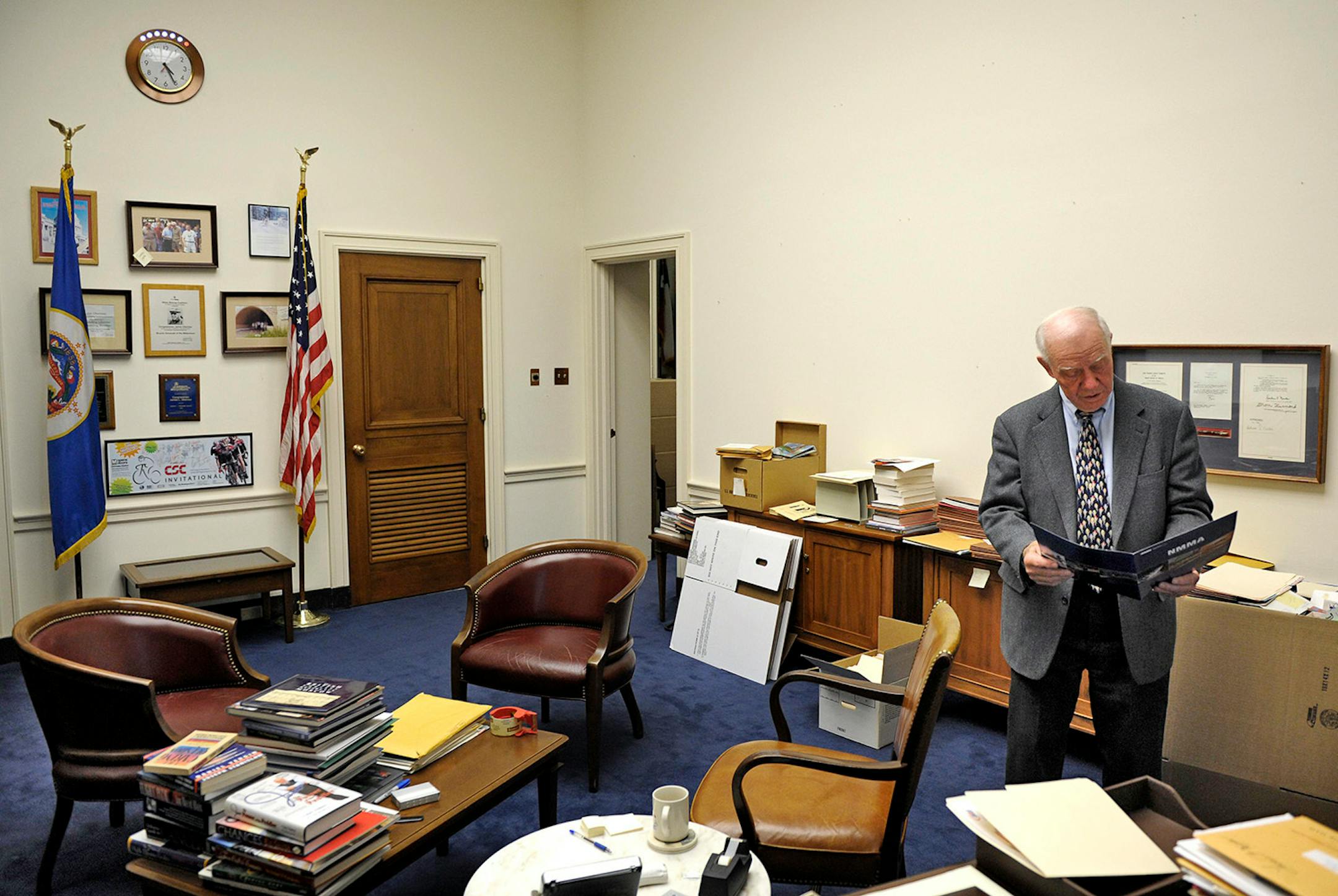 ** SPECIAL TO THE MINNEAPOLIS STAR TRIBUNE ** SA 232340 ** After serving 18-terms, Rep. Jim Oberstar, D-MN, sorts through paperwork as he packs up his office on Capitol Hill in Washington, Monday, Nov. 29, 2010. Oberstar lost to Republican Chip Cravaack by approximately 4,000 votes. (AP Photo/Cliff Owen)