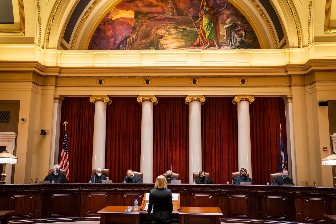 Minnesota Supreme Court Chief Justice Lorie Skjerven Gildea, center, and the Associate Justices listened during oral arguments in a case before the Minnesota Supreme Court. ] LEILA NAVIDI • leila.navidi@startribune.com