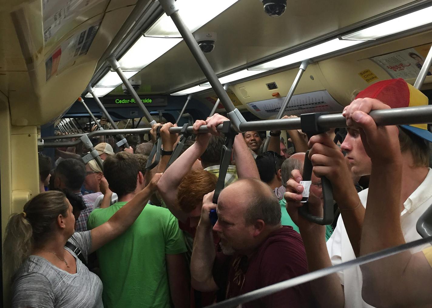 Passengers crowded onto the southbound Blue Line southbound after U.S. Bank Stadium's opening game Wednesday night.