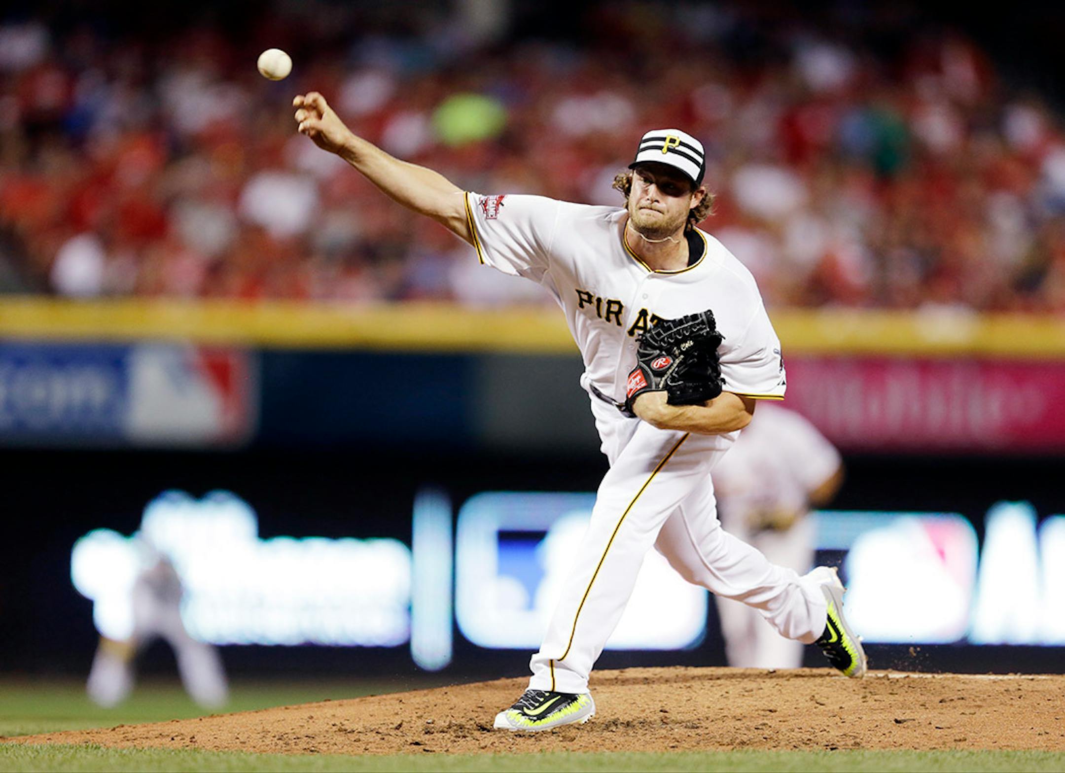 National League's Gerrit Cole, of the Pittsburgh Pirates, throws during the third inning of the MLB All-Star baseball game, Tuesday, July 14, 2015, in Cincinnati.