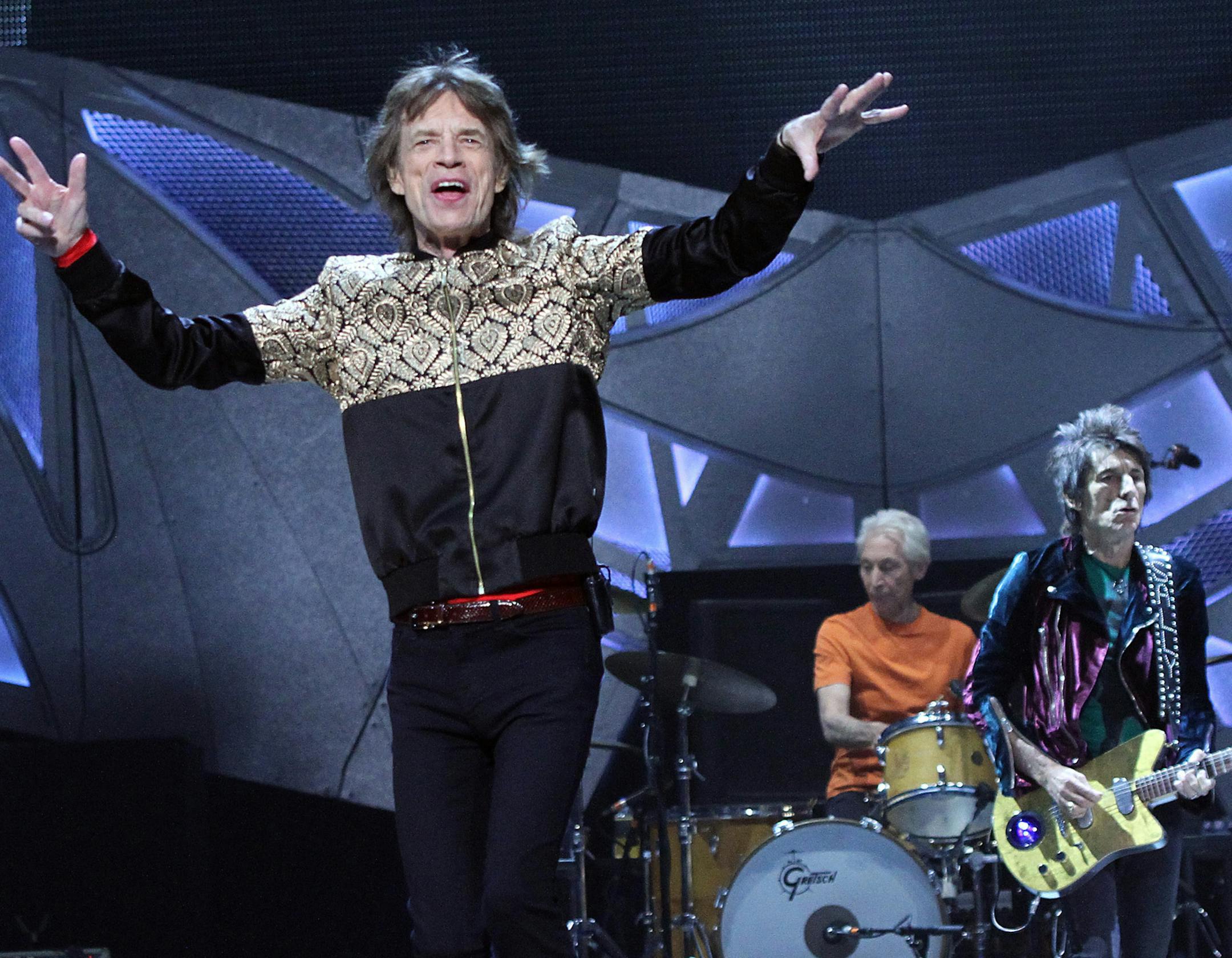 Guitarists Ronnie Wood, Keith Richards, vocalist Mick Jagger and drummer Charlie Watts of the English rock band The Rolling Stones perform in concert at T-Mobile Arena on Oct. 22, 2016 in Las Vegas, Nev. (Marcel Thomas/Zuma Press/TNS)