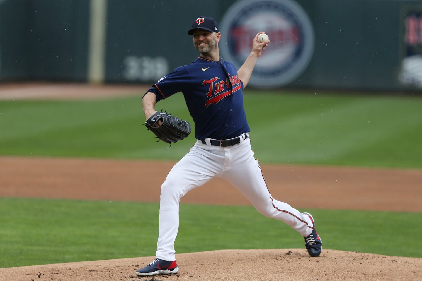 Minnesota Twins pitcher J.A. Happ throws against the Boston Red Sox during the first inning of a baseball game, Tuesday, April 13, 2021, in Minneapolis. (AP Photo/Stacy Bengs)