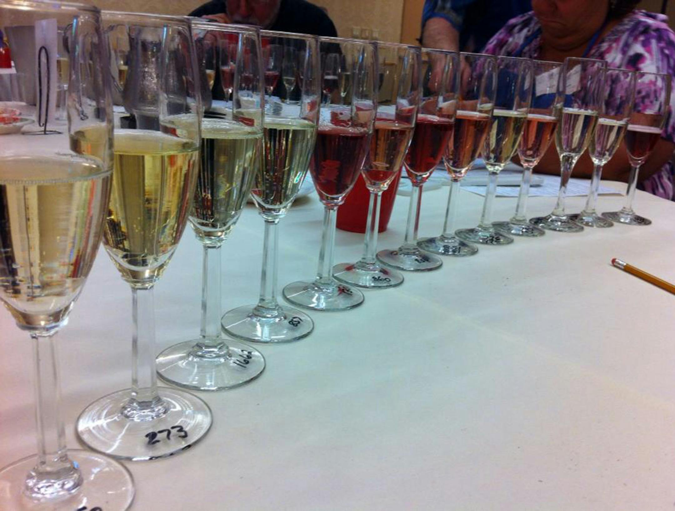 Credit Tom Wark A multi-hued flight of sparkling wines, ready to be judged at 8:45 a.m.