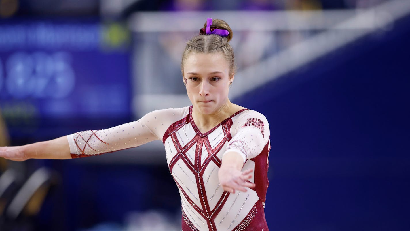 Minnesota's Gianna Gerdes competes in the vault during an NCAA gymnastics meet on Friday, Feb. 10, 2023, in Ann Arbor, Mich. (AP Photo/Al Goldis)