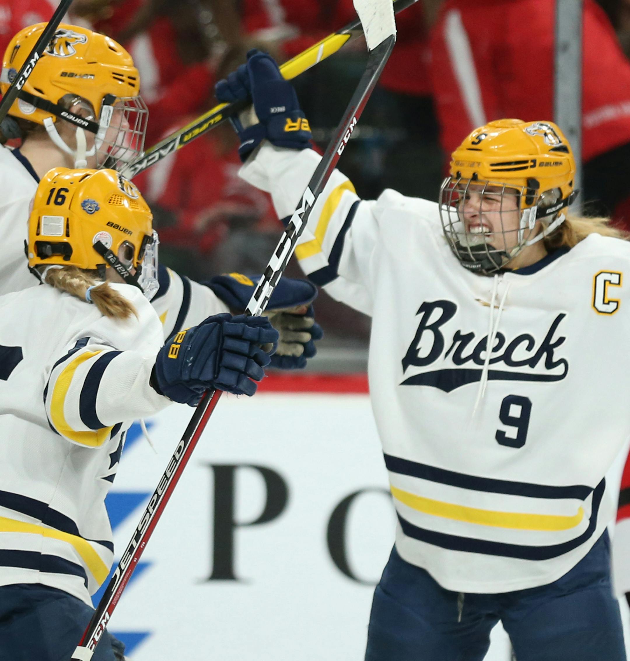 Breck's Carly Beniek (9) celebrated with teammates after scoring against Mound Westonka in the first period. ] Shari L. Gross • shari.gross@startribune.com Breck defeated. Mound-Westonka 11-1 in a Class 2A semifinal hockey game at the MSHSL hockey tournament on Friday, Feb. 22, 2019 at the Xcel Energy Center in St. Paul, Minn.