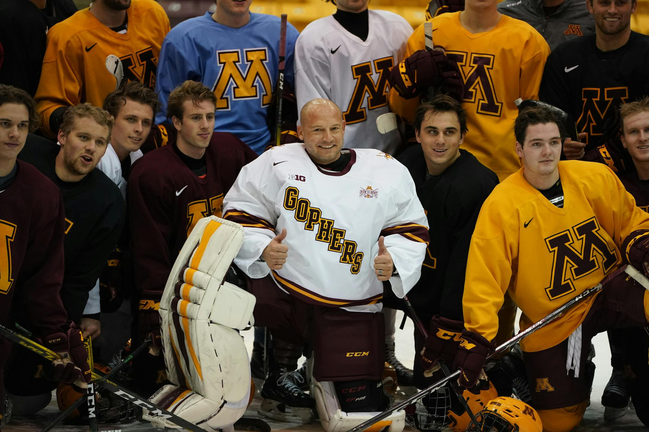 Gophers football coach PJ Fleck surprised the men's hockey team by donning goalie gear at Tuesday's practice.