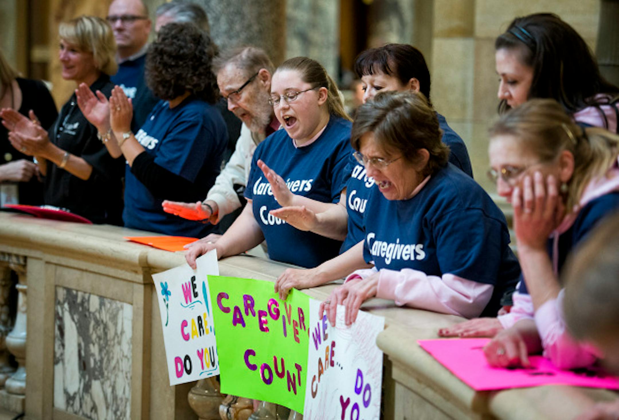 Long-term caregivers rallied at the Capitol Thursday, May 2, 2013 to ask legislators to increase long term care funding to make sure adult services are available and caregivers are paid a fair wage.     ]   GLEN STUBBE * gstubbe@startribune.com