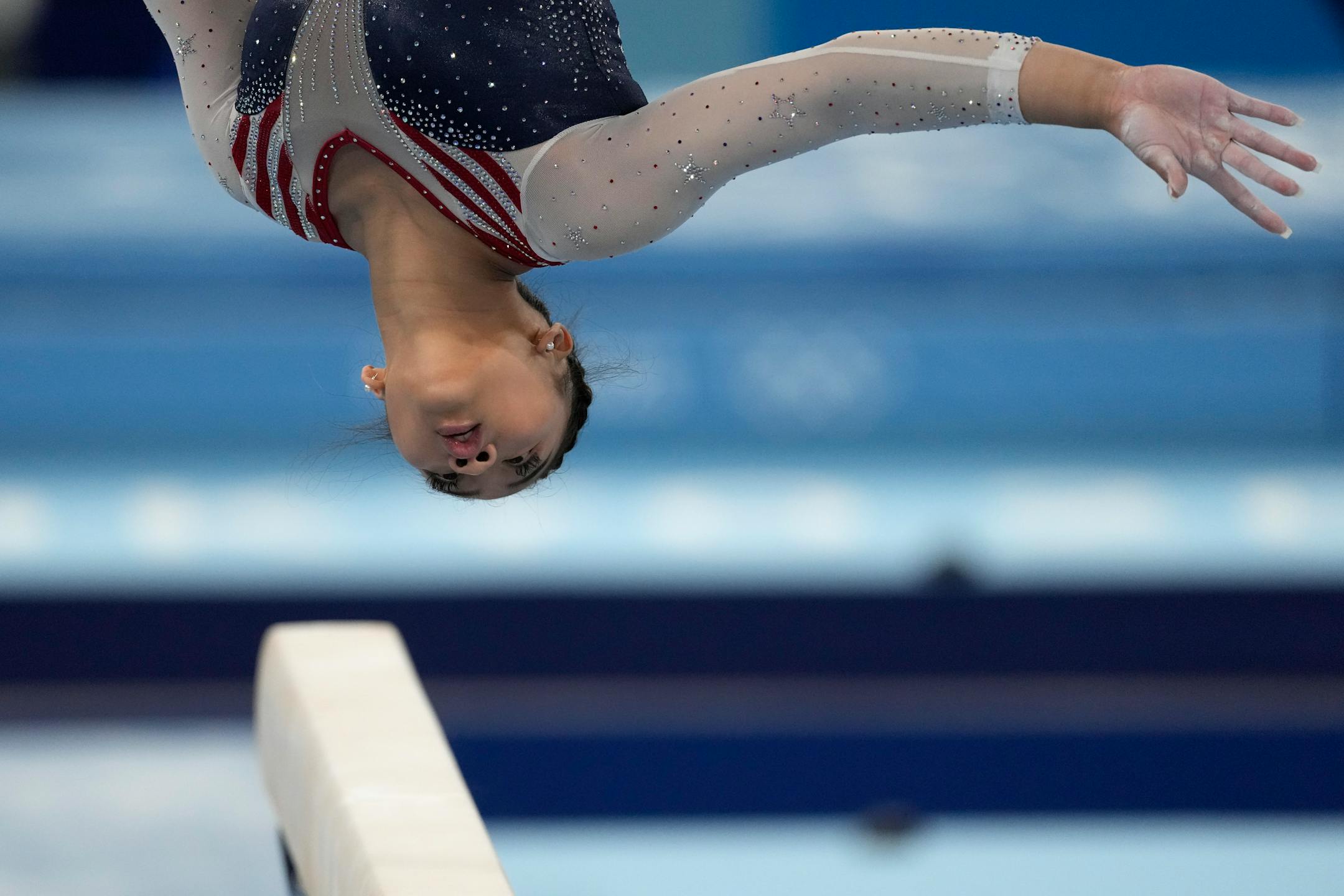 Suni Lee, of the United States, performs on the balance beam during the artistic gymnastics women's all-around final at the 2020 Summer Olympics, Thursday, July 29, 2021, in Tokyo. (AP Photo/Ashley Landis)