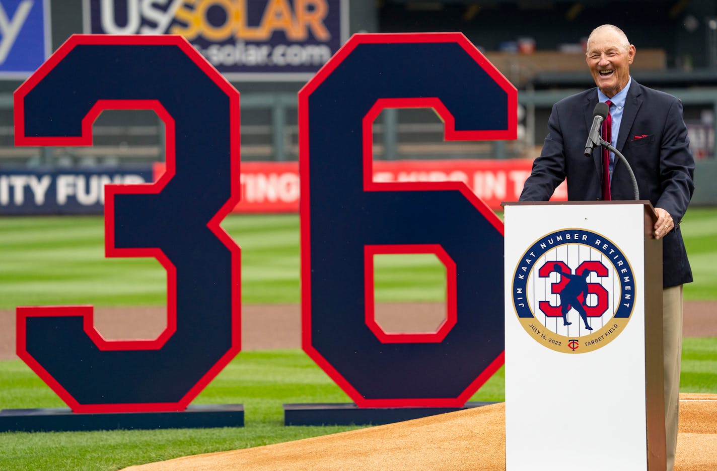 Former Minnesota Twins pitcher Jim Kaat speaks during his number ceremony Saturday, July 16, 2022 at Target Field in Minneapolis. Kaat will be inducted into the National Baseball Hall of Fame this month. ]