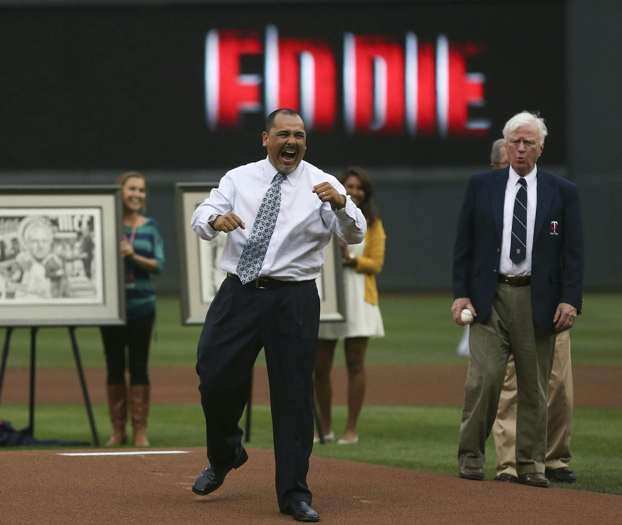 Eddie Guardado former Twins closer reacted after throwing out the first pitch after being inducted in the Twins Hall of Fame before the game at Target Field in Minneapolis Min., Friday, June 14, 2013. ] (KYNDELL HARKNESS/STAR TRIBUNE) kyndell.harkness@startribune.com
