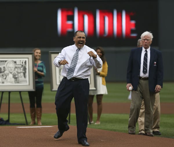 Eddie Guardado former Twins closer reacted after throwing out the first pitch after being inducted in the Twins Hall of Fame before the game at Target