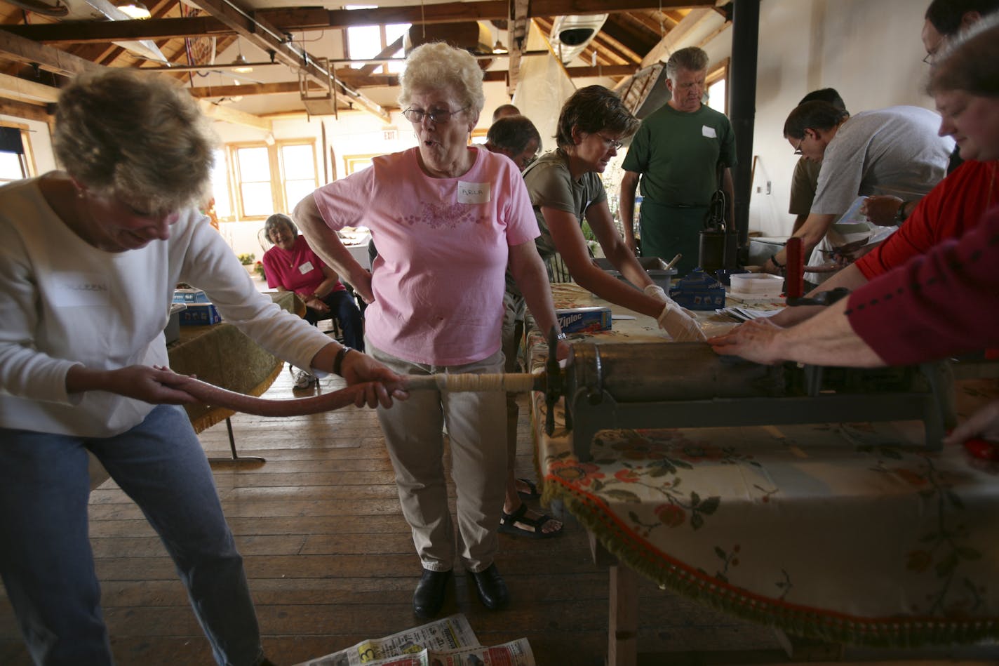 It takes a lot of guts to make sausage, and a lot of double entendres, at North House Folk School, Grand Marais, Minn.