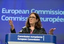 European Commissioner for Trade Cecilia Malmstroem speaks during a media conference at EU headquarters in Brussels on Wednesday, March 7, 2018. The Eu