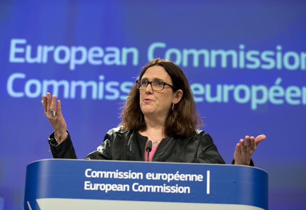 European Commissioner for Trade Cecilia Malmstroem speaks during a media conference at EU headquarters in Brussels on Wednesday, March 7, 2018. The Eu