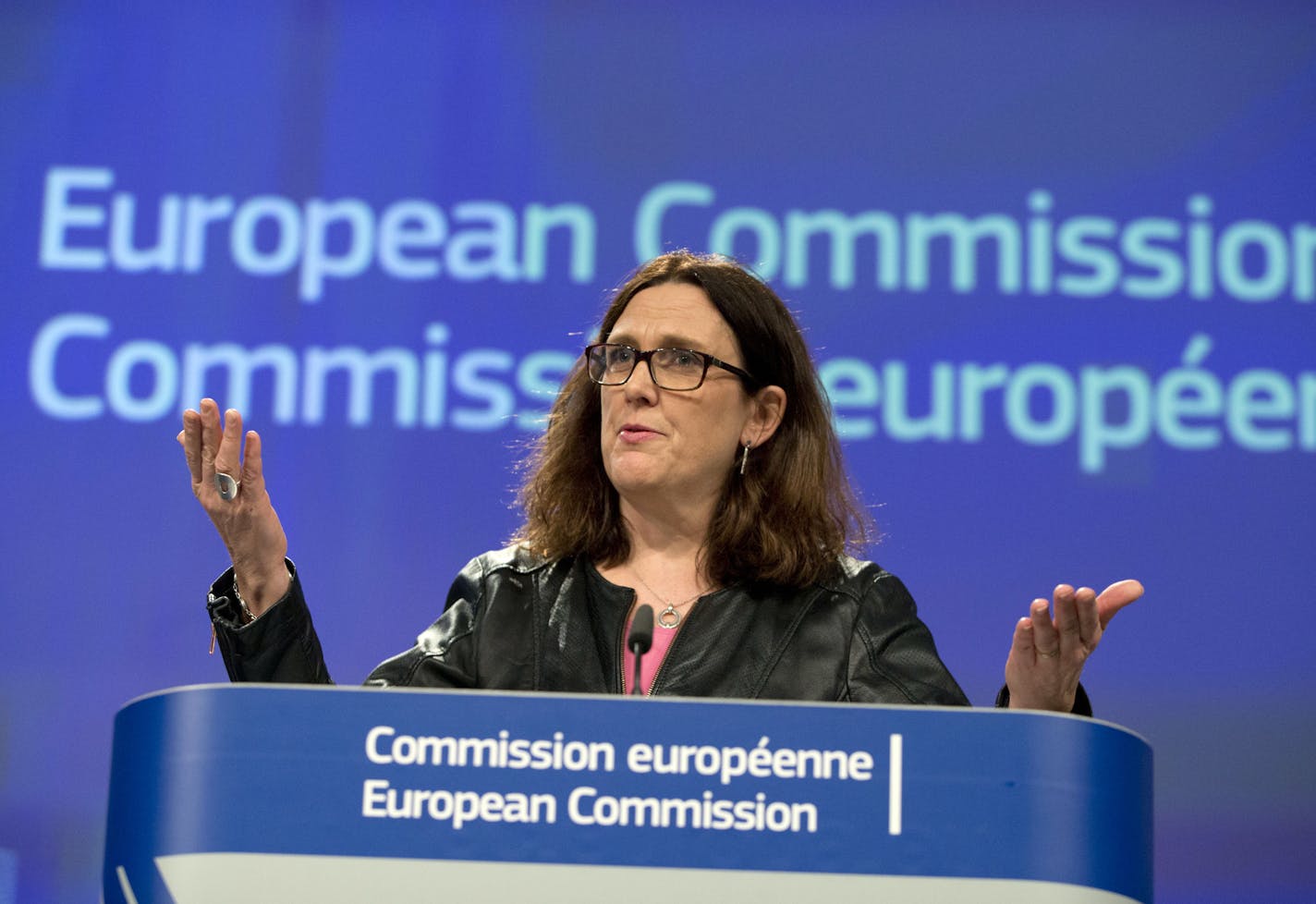 European Commissioner for Trade Cecilia Malmstroem speaks during a media conference at EU headquarters in Brussels on Wednesday, March 7, 2018. The European Union will set out its strategy Wednesday on how to counter potential U.S. punitive tariffs on steel and aluminum. (AP Photo/Virginia Mayo)