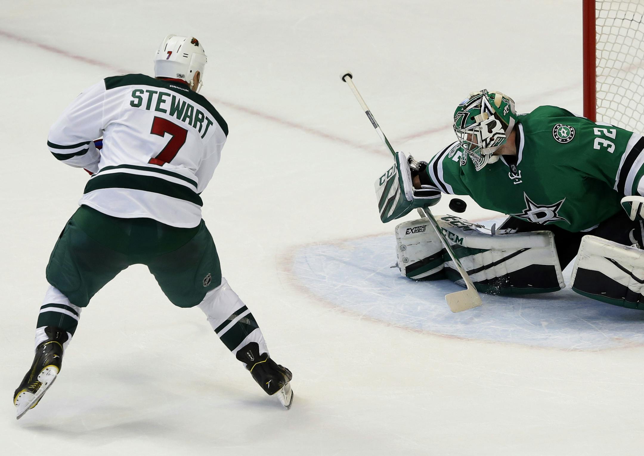 Minnesota Wild right wing Chris Stewart (7) scores a goal against Dallas Stars' Kari Lehtonen (32), of Finland, during a shootout beating the Wild, 3-2, in an NHL hockey game in Dallas, Tuesday Jan. 24, 2017. (AP Photo/Tony Gutierrez)