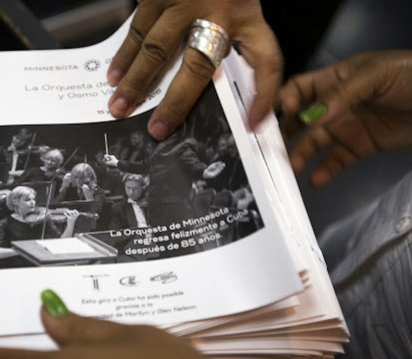 Programs are passed out for Minnesota Orchestra's first concert of two at the Teatro Nacional in Havana, Cuba on Friday, May 15, 2015. ] LEILA NAVIDI leila.navidi@startribune.com /