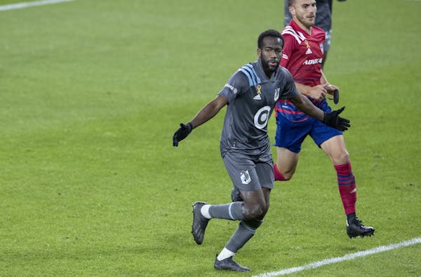 Kevin Molino (7) of Minnesota United celebrated after scoring on a penalty kick in the second half.