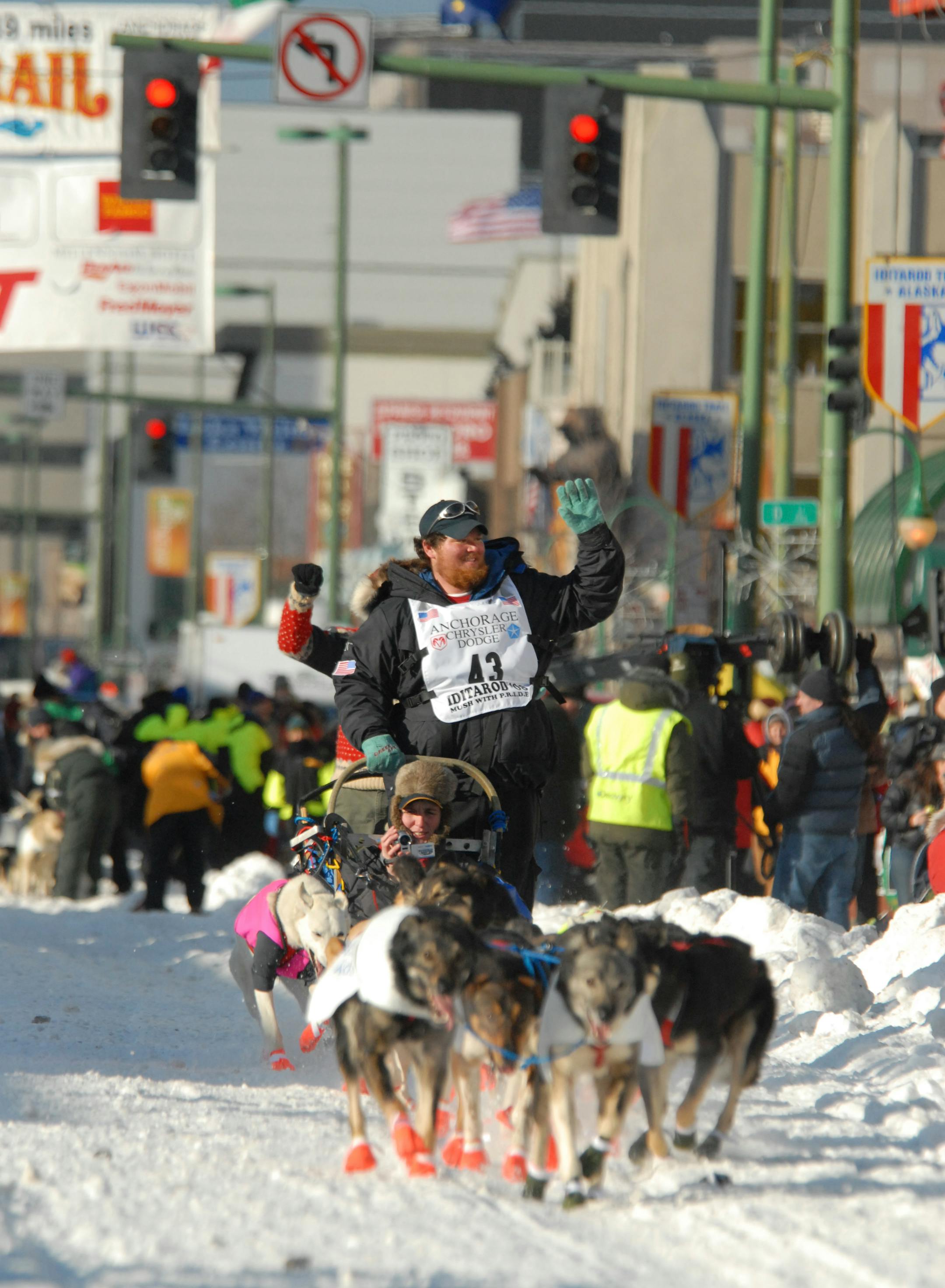 Jake Berkowitz from McMillan, MI, leaves the ceremonial start line of the 2008 Iditarod Sled Dog Race in downtown Anchorage, Alaska, on Saturday.