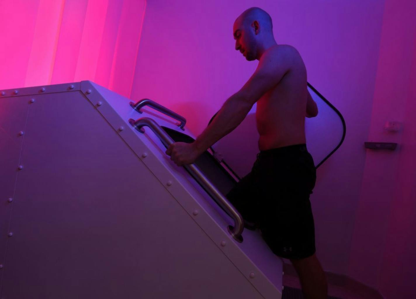 Max Sagert enters a tank to relieve stress and muscle tension.