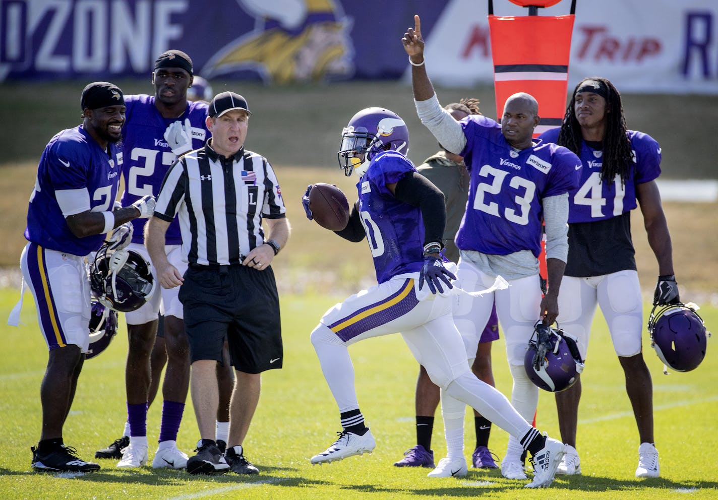 MacKensie Alexander intercepted a pass during practice. ] CARLOS GONZALEZ &#xef; cgonzalez@startribune.com &#xf1; July 31, 2018, Eagan, MN, Twin Cities Orthopedics Performance Center, Minnesota Vikings Training Camp,