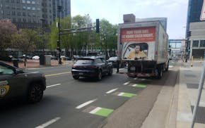 A delivery truck blocked traffic on 3rd Avenue S. near 7th Street in downtown Minneapolis.