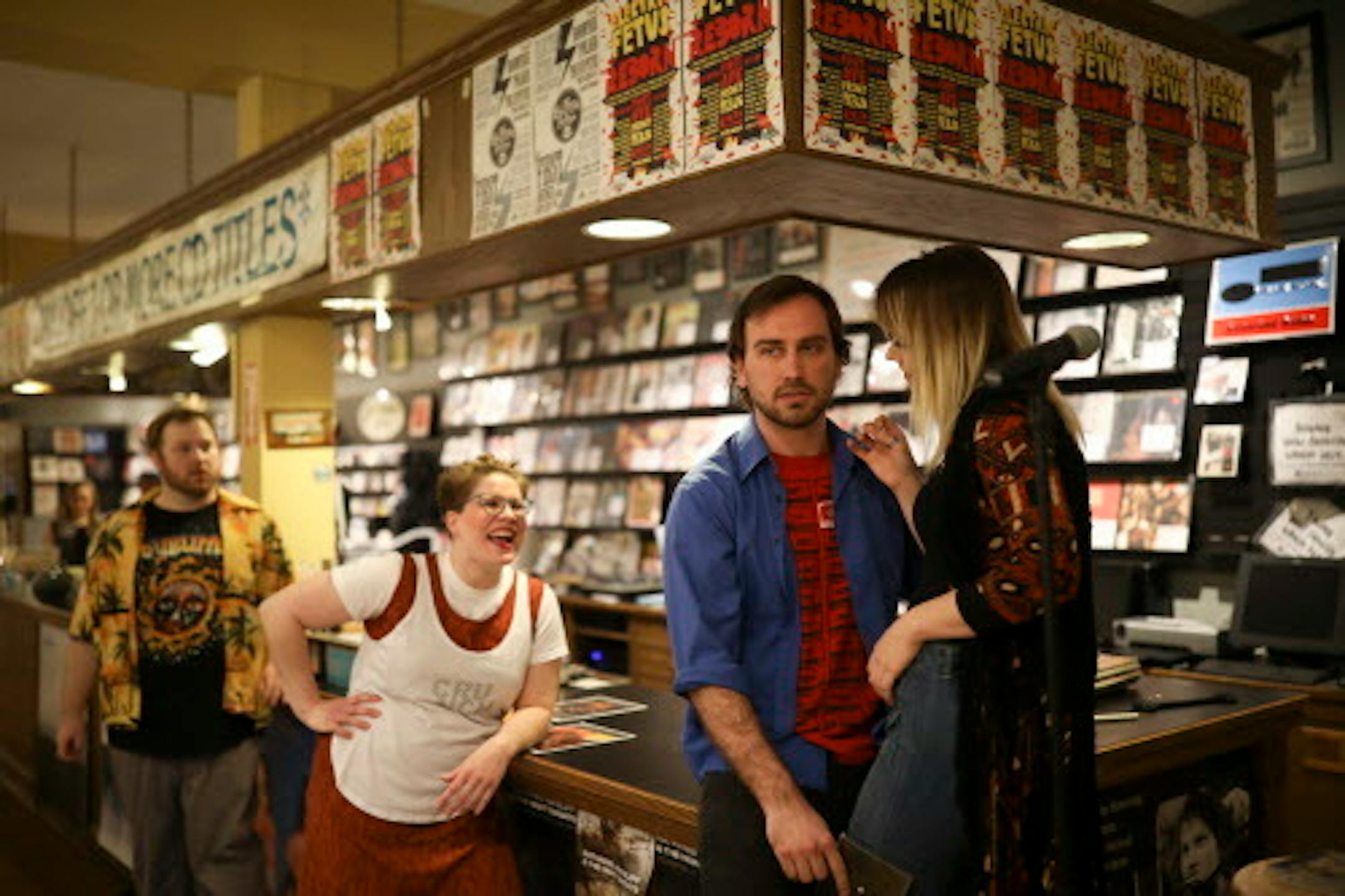 Taras Wybaczynsky as Rob, in a scene with Zarah Nesser a Marie in "High Fidelity." With them at left are Cameron Reeves as Barry and Dorothy Owen as Marie.    ]  JEFF WHEELER ' jeff.wheeler@startribune.com