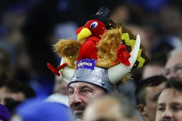 A Minnesota Vikings fan wears a turkey on his viking helmet during an NFL football game against the Detroit Lions in Detroit, Thursday, Nov. 24, 2016.