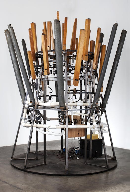 Motherbaugh used vintage organ pipes in his 2014 sculpture “The General.”