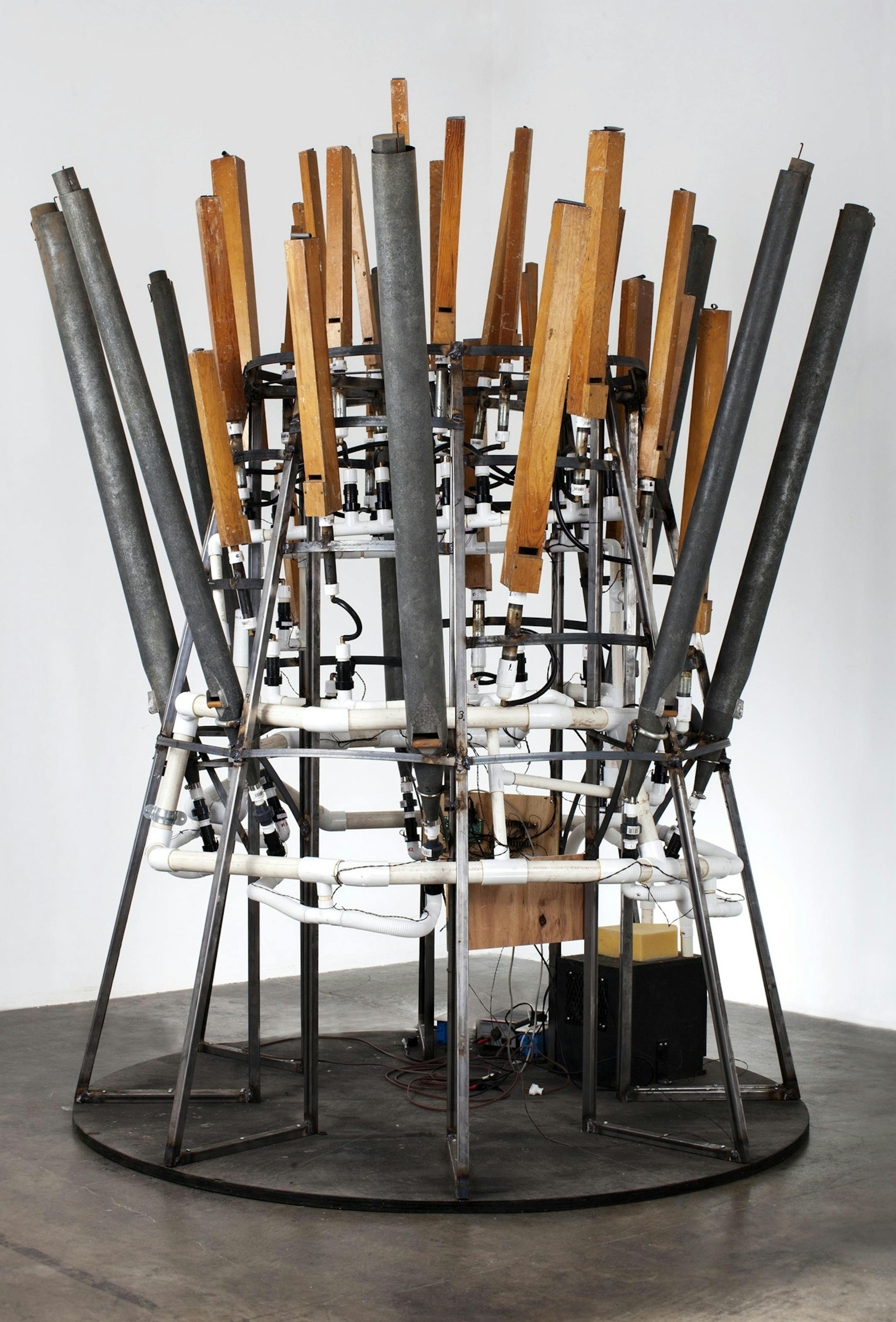 Mark Motherbaugh The General, 2014 Vintage organ pipes, electronics, and steel 96 x 87 in. Photograph by David Lekach