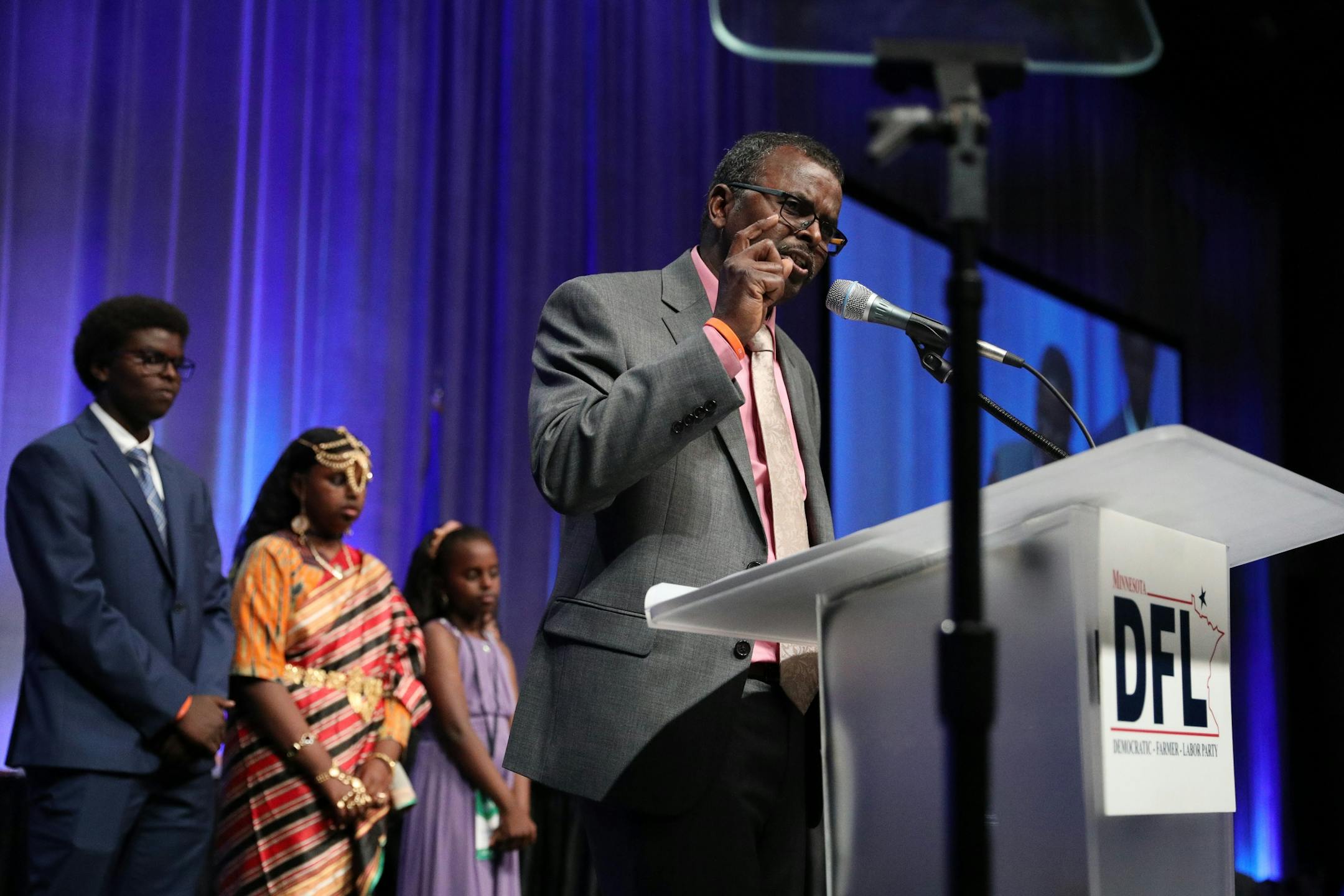 U.S. Senate candidate Ali Ali spoke from the stage during the DFL State Convention Friday.