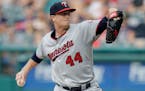 Minnesota Twins starting pitcher Kyle Gibson delivers in the first inning of a baseball game against the Cleveland Indians, Monday, Aug. 6, 2018, in C