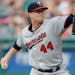 Minnesota Twins starting pitcher Kyle Gibson delivers in the first inning of a baseball game against the Cleveland Indians, Monday, Aug. 6, 2018, in C