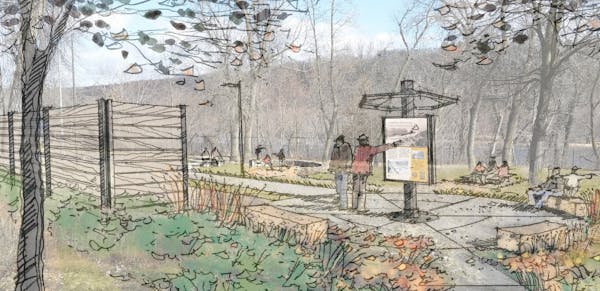 This rendering shows how a former roadside rest will look at the St. Croix Boom Site. A kiosk will present the history and construction materials will