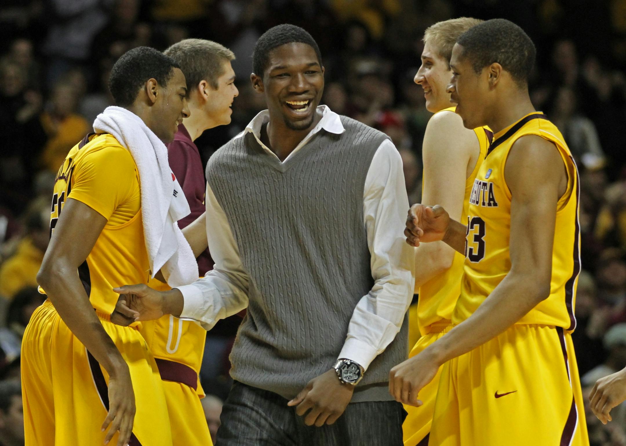 Minnesota Gophers Trevor Mbakwe celebrated during a time out late in the 2nd half of the game between the Gophers and Nebraska.