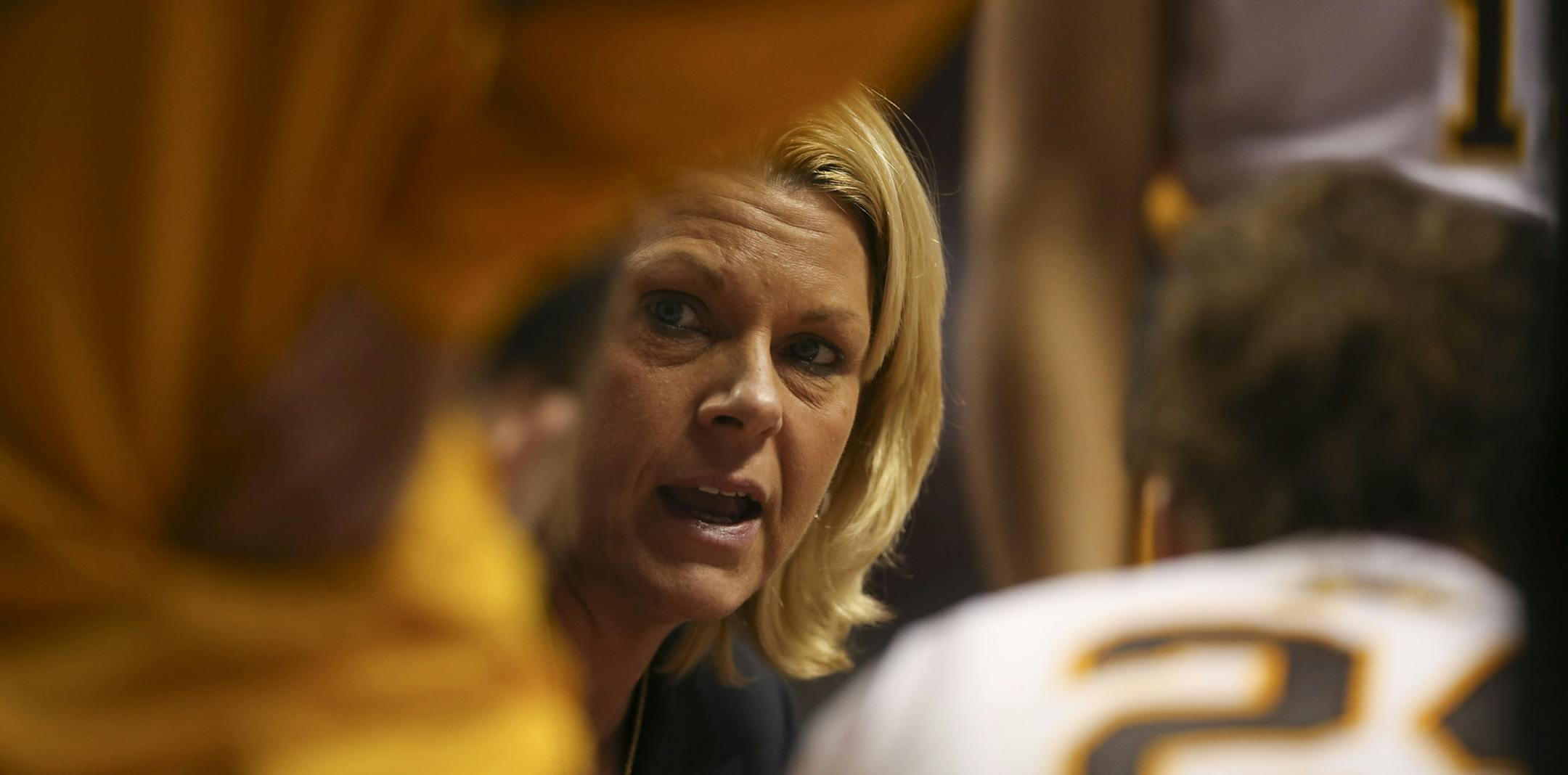 Gophers' head coach Pam Borton with the team during a timeout late in their first round WNIT game at Williams Arena last week. ] JEFF WHEELER ‚Ä¢ jeff.wheeler@startribune.com The University of Minnesota women's basketball team just managed to beat the Green Bay Phoenix 62-60 in an opening round women's NIT game Wednesday night, March 19, 2014, at Williams Arena in Minneapolis.