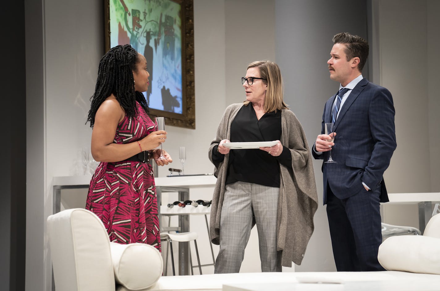 Lynnette R. Freeman, as Virginia, talking with Michelle O'Neill, as Virginia, and John Catron, as Eric, during a dress rehearsal for The White Card at the Penumbra Theatre in St. Paul, Minn., on Friday, January 31, 2020. ] RENEE JONES SCHNEIDER &#xa5; renee.jones@startribune.com