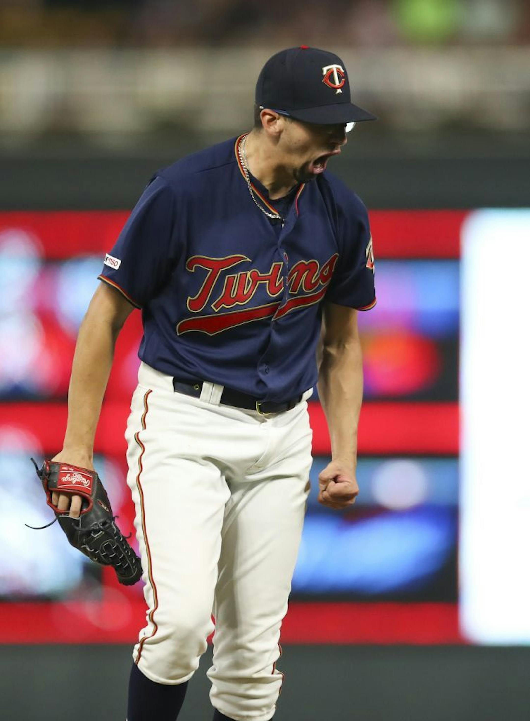 Twins pitcher Devin Smeltzer, called up from Rochester Wednesday, reacted to striking out New York Yankees left fielder Mike Tauchman, in the seventh inning, his third strikeout of the inning.