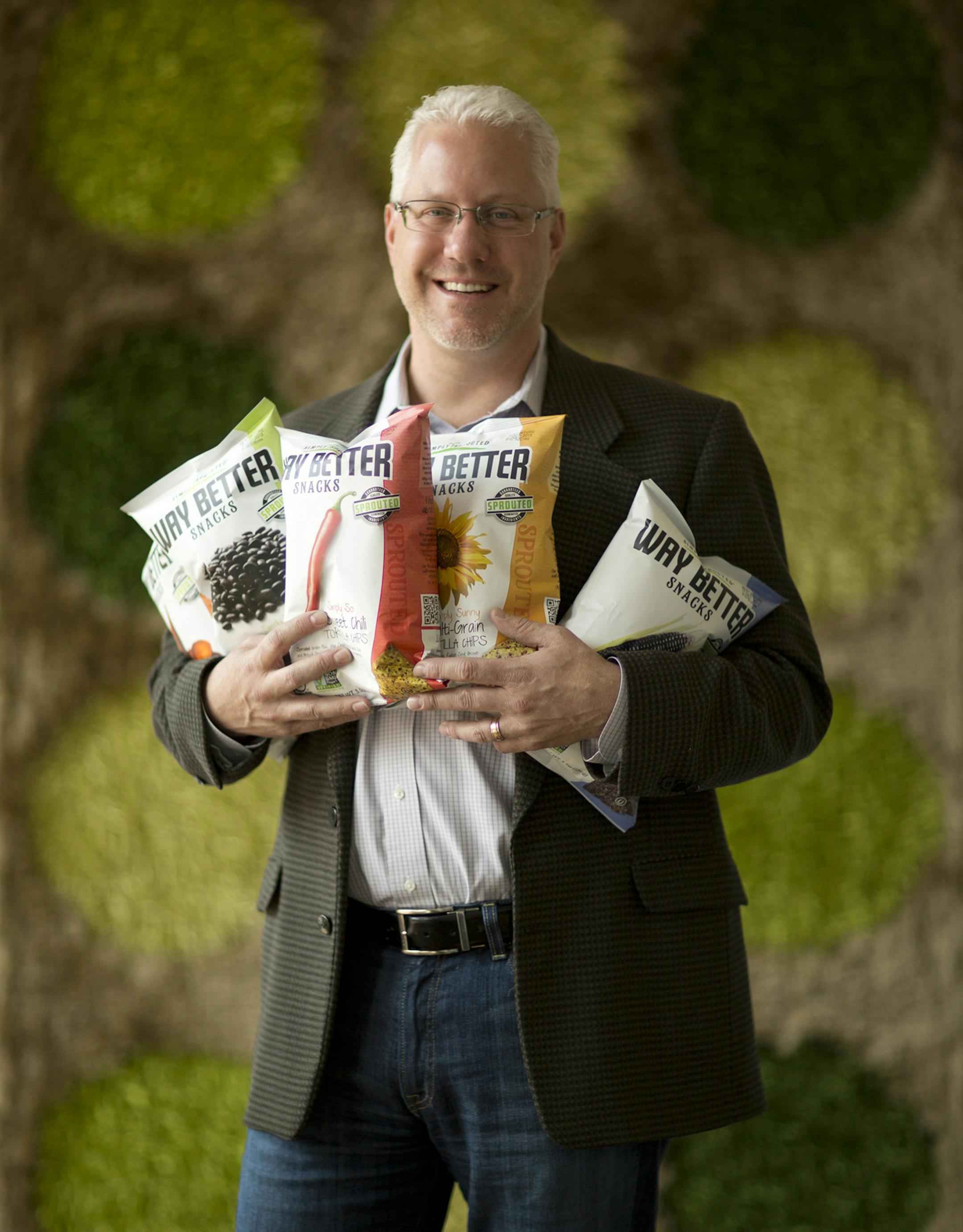JEFF WHEELER ï jeff.wheeler@startribune.com Jim Breen, with a sampling of Way Better Snacks, in the companyís offices in the TractorWorks building in Minneapolis
