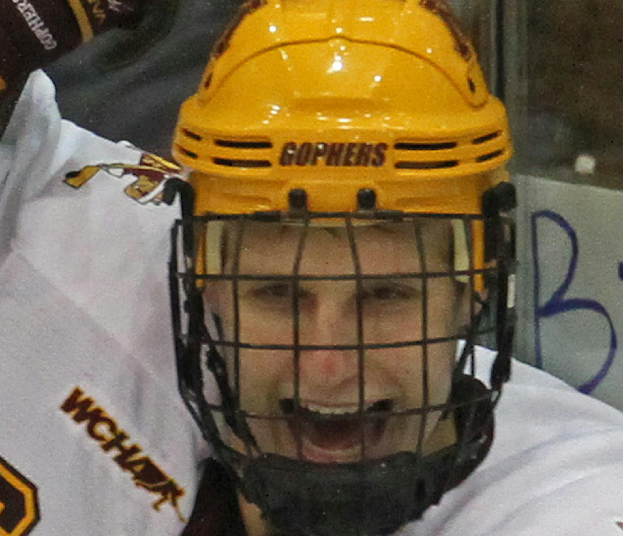 Gopher Hockey vs. Michigan State, Mariucci Arena, 10/13/12. (left to right) Gopher's Christian Isackson celebrated with Nick Bjugstad after Bjugstad scored a first period goal.] Bruce Bisping/Star Tribune bbisping@startribune.com Christian Isackson, Nick Bjugstad/roster.