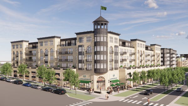 Rendering of the retail/apartment complex at the former Ford site in St. Paul that will be anchored by Lunds & Byerlys. (Provided by Ryan Companies)